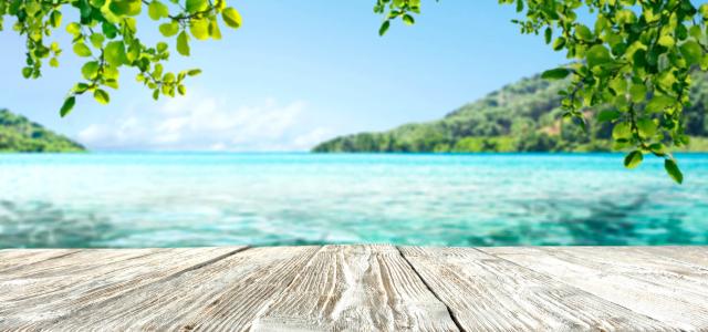 Wooden desk of free space and summer beach landscape